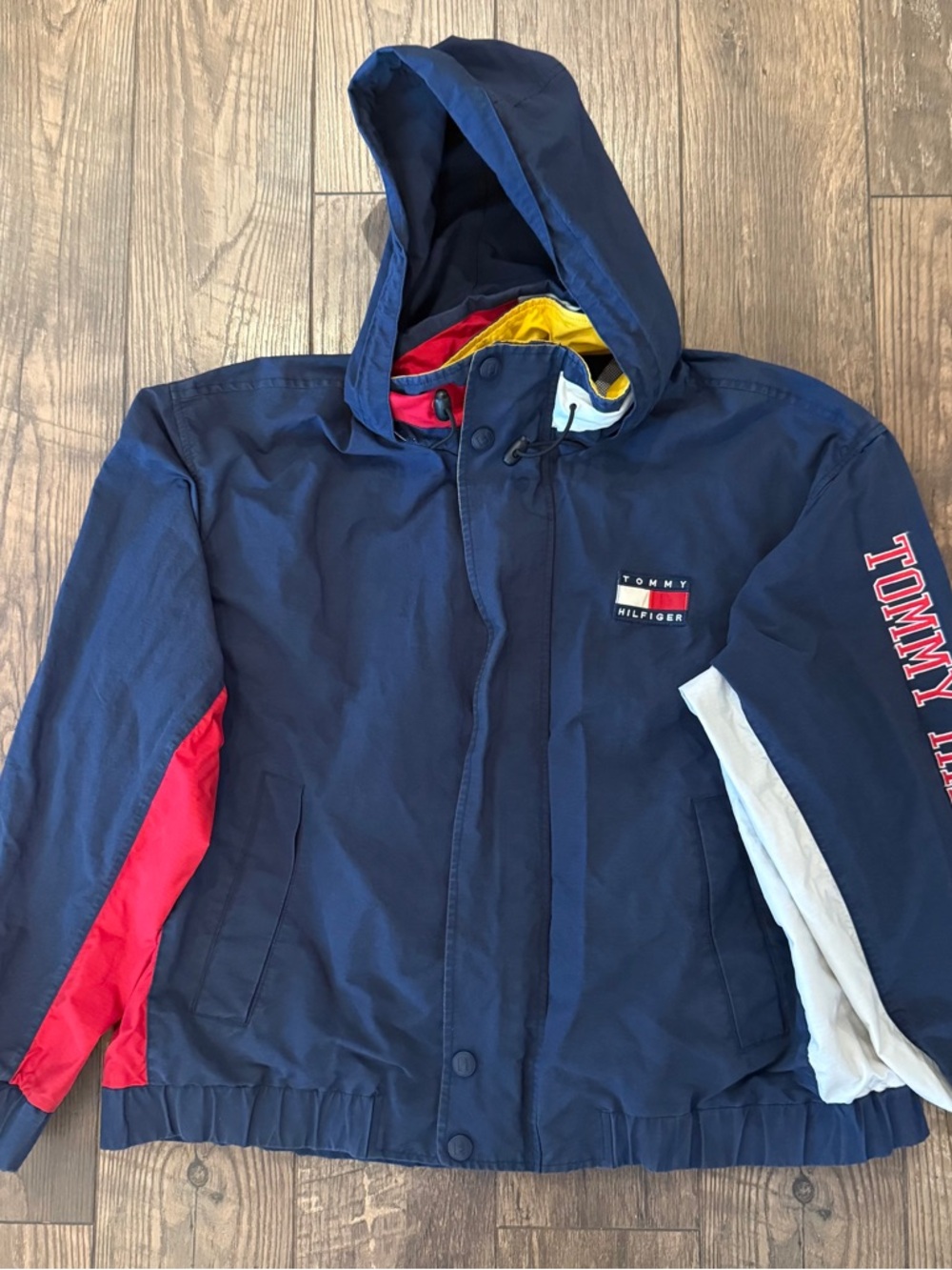 VTG Tommy Hilfiger Sailing Gear Hidden Hood Zip Blue Jacket Mens XL